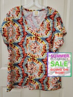 Summer Clearance Cake Short Sleeve V-Neck Tee - Red, Blue, Yellow Medium